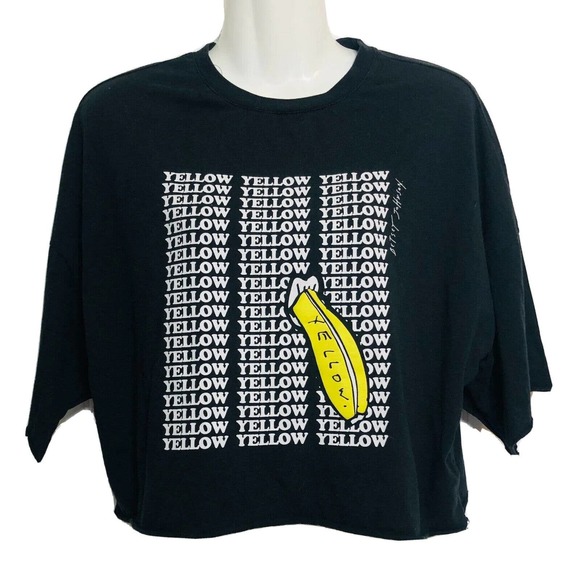 Betsey Johnson Cropped Graphic Tee Black Yellow Banana Tongue - Picture 2 of 6